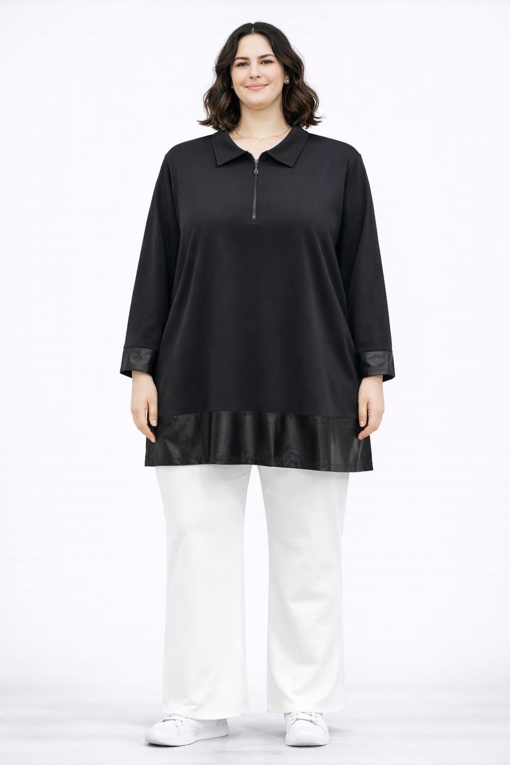 Deri garnili yaka detaylı bluz