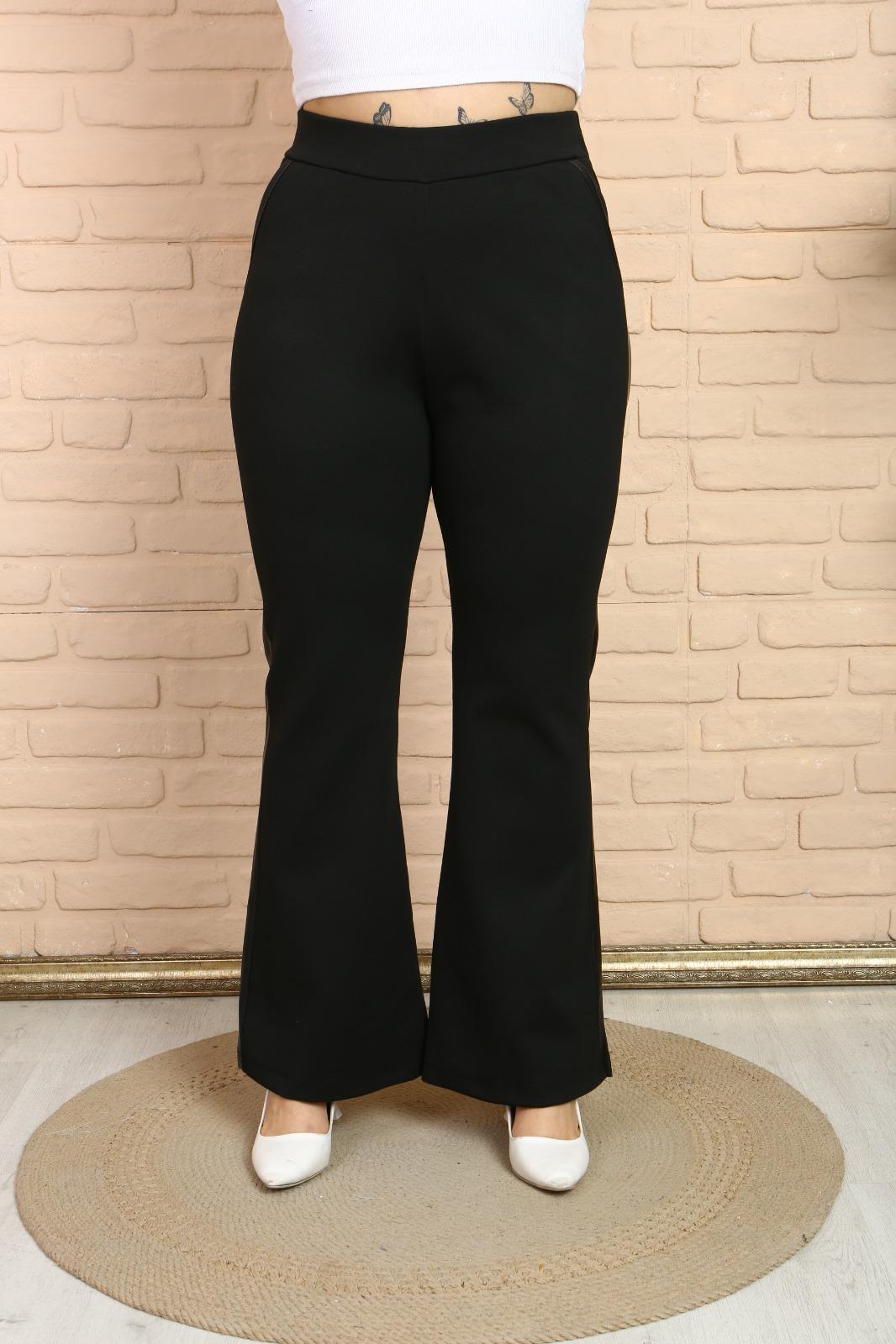 Deri şeritli İspanyol paça çelik kumaş pantolon