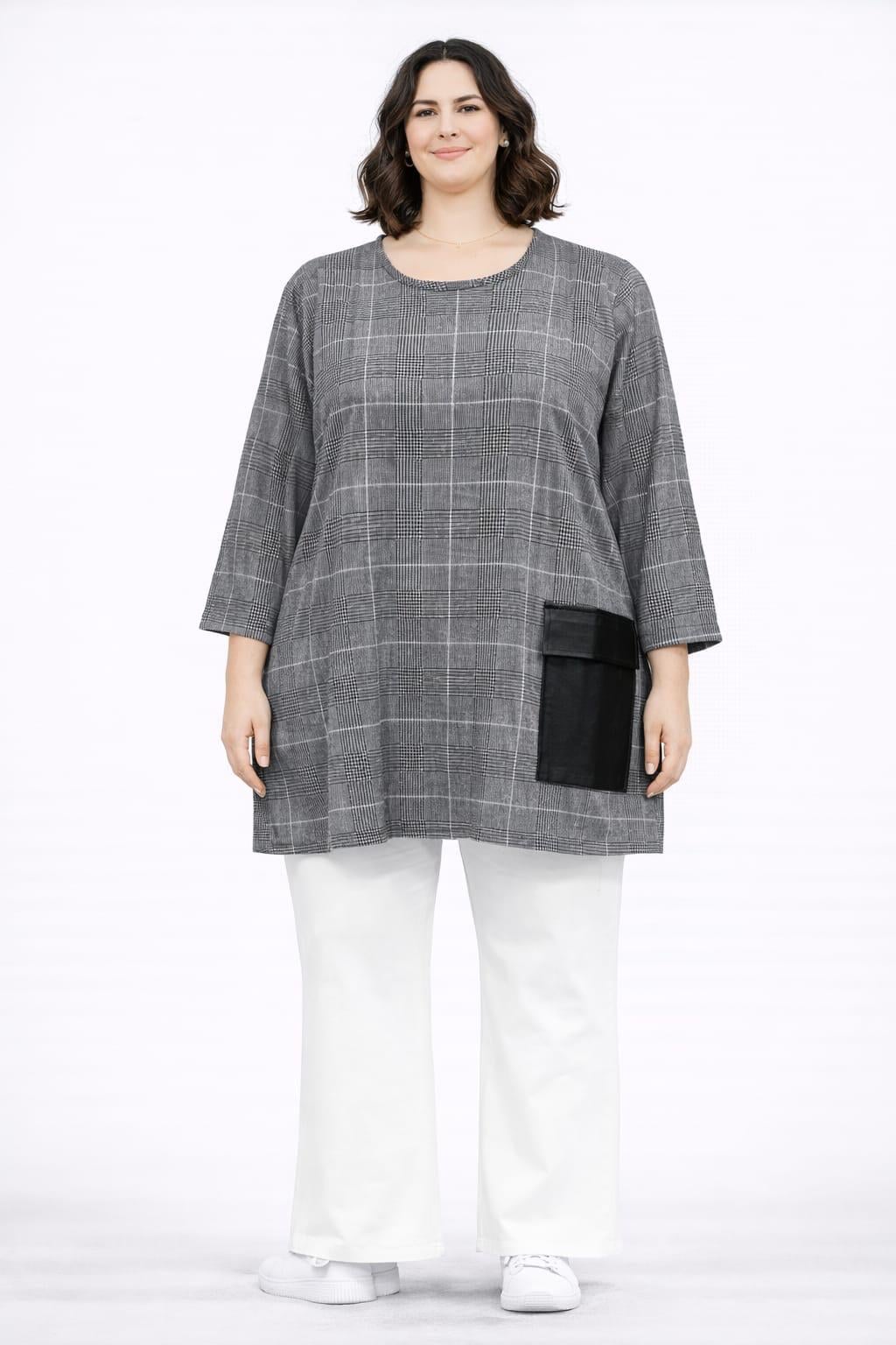 Gri kareli cep detaylı tunik bluz 