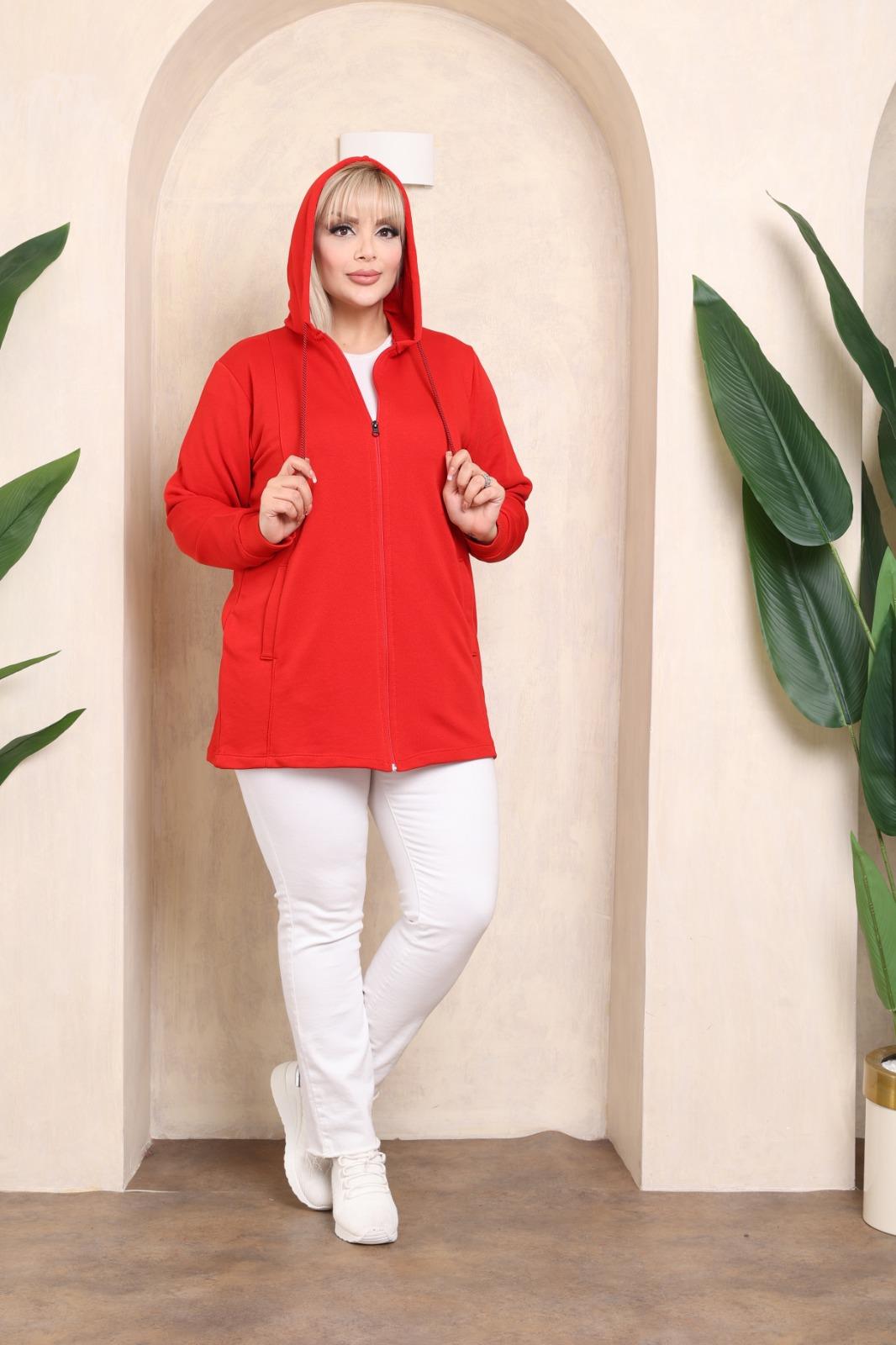 Kırmızı kapşonlu sweat hırka 