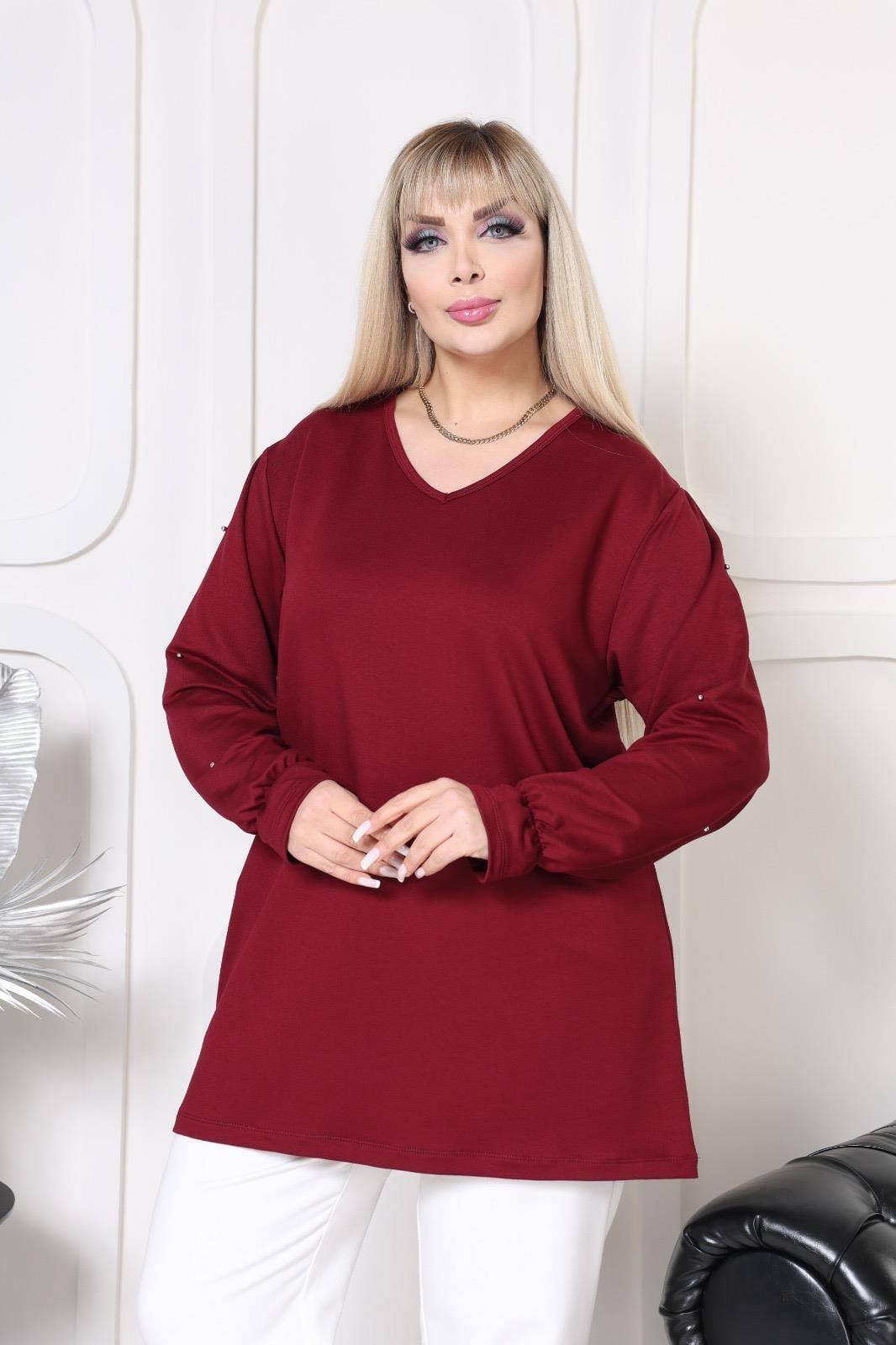 Kolu büzgülü incili bordo bluz 