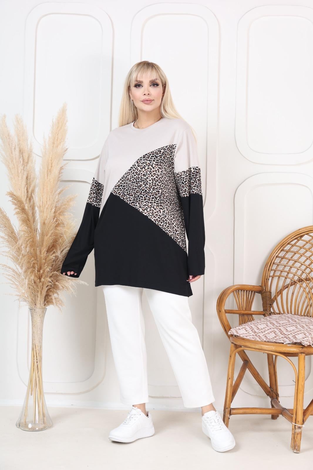 Krem leopar detaylı bluz 