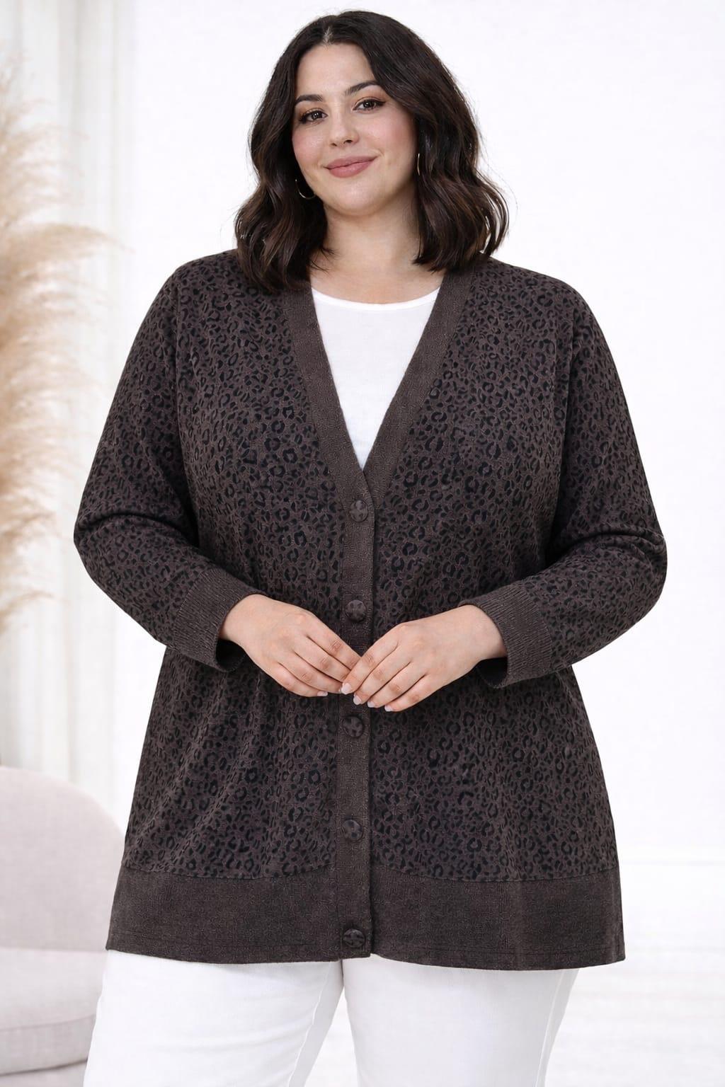 Leopar desenli kahverengi hırka