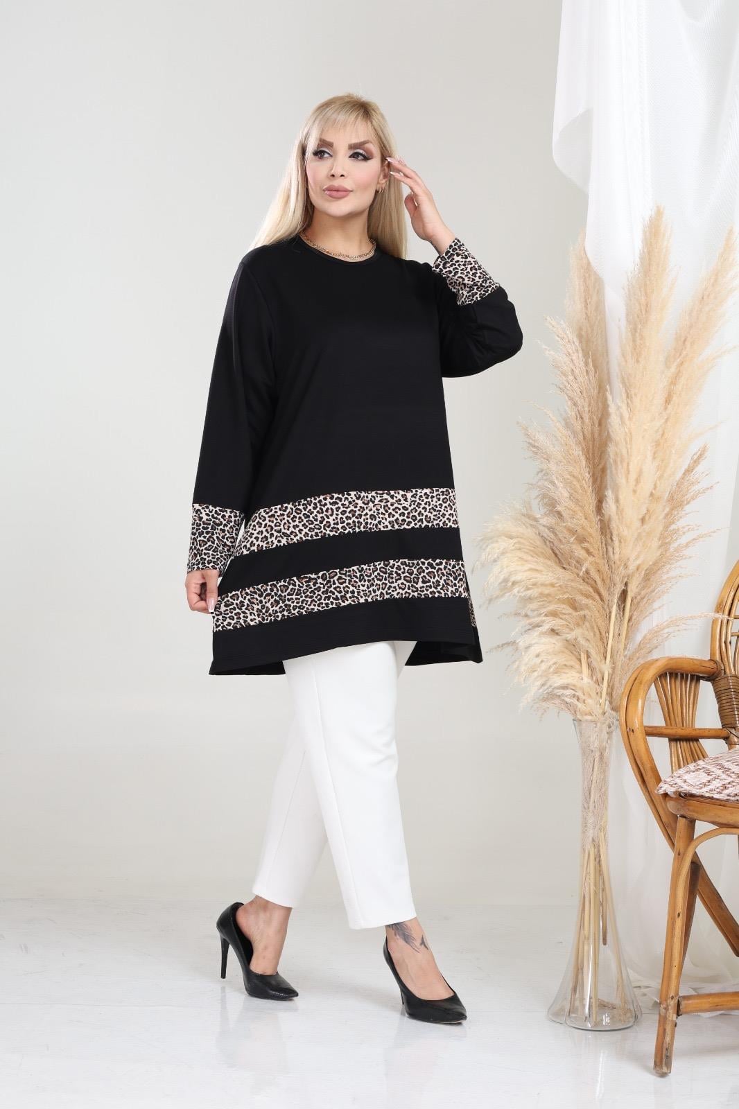 Leopar şerit detaylı bluz