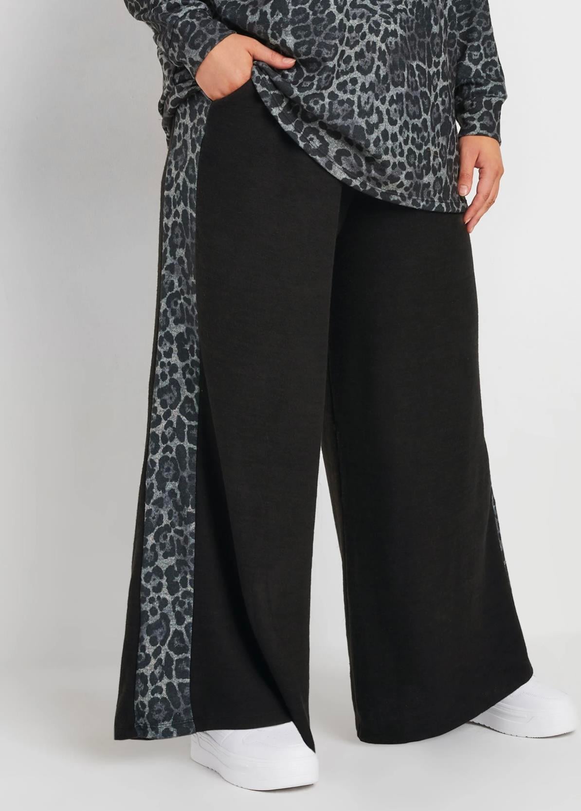 Leopar şeritli polar pantolon 