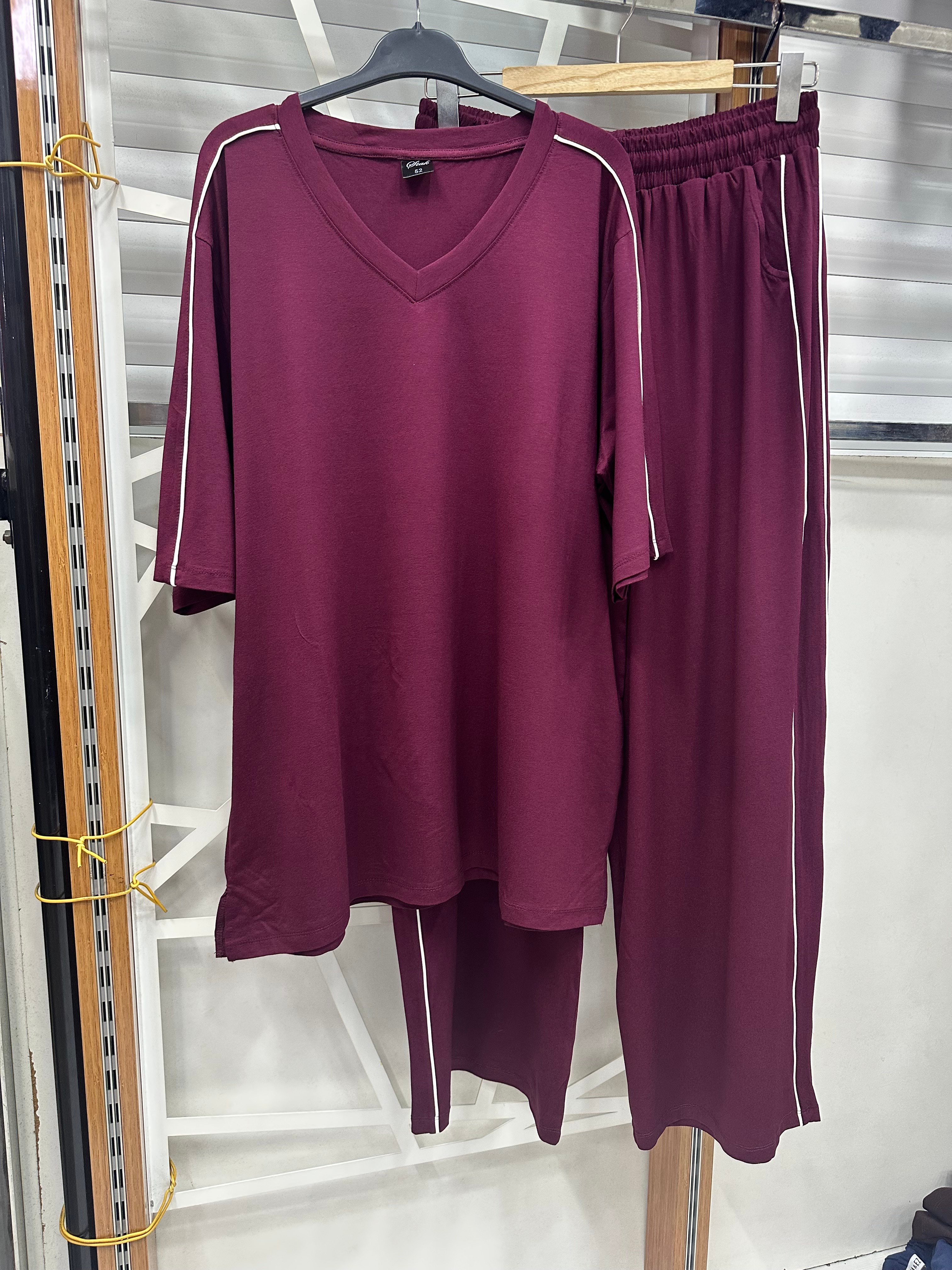 Mürdüm renk beyaz şeritli 2 li takım 