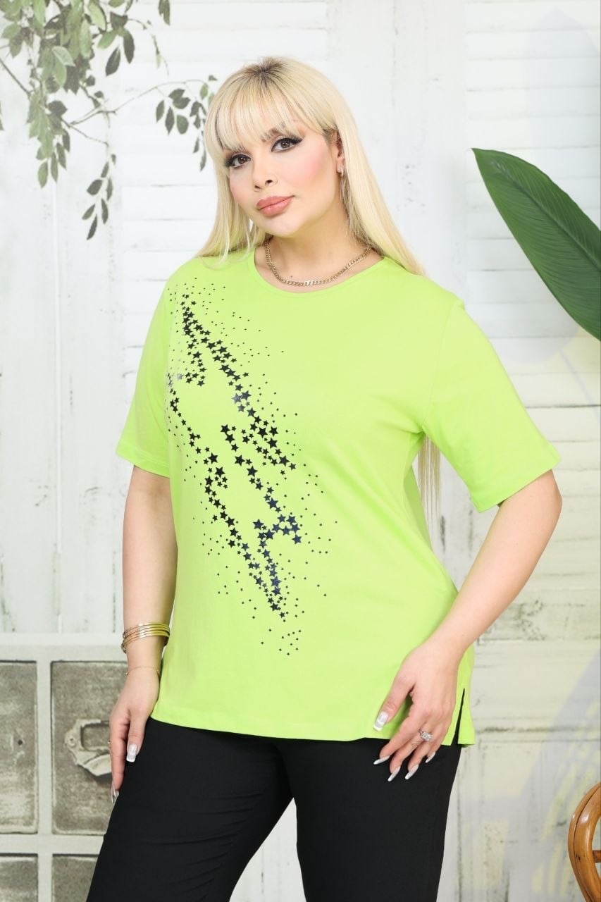 Neon sarı yıldız detaylı tişört 