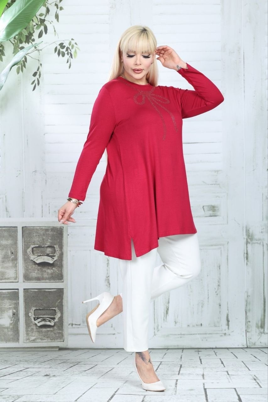 Parlak fiyonk detaylı fuşya tunik 