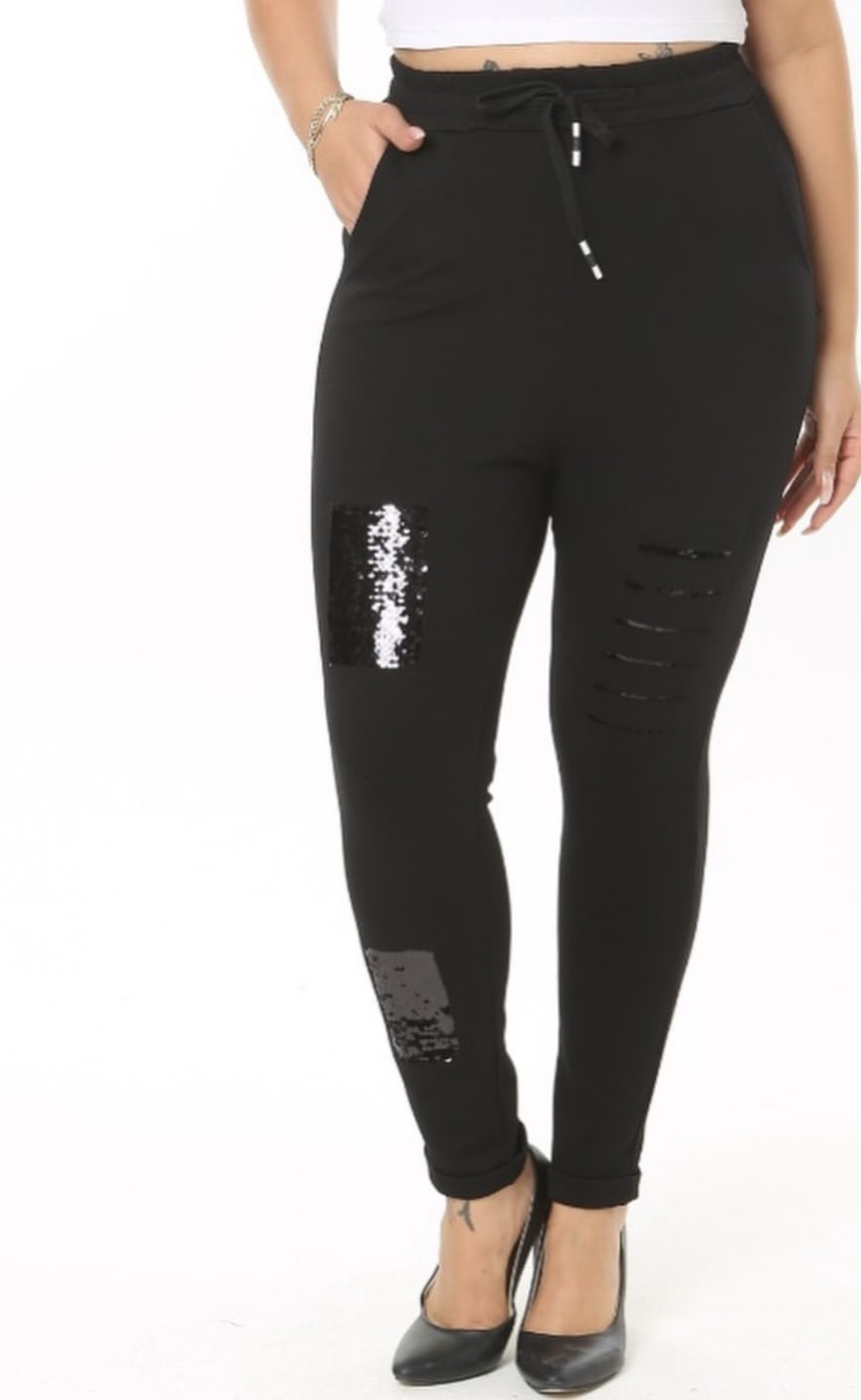 Payet detaylı dar paça çelik kumaş pantolon 