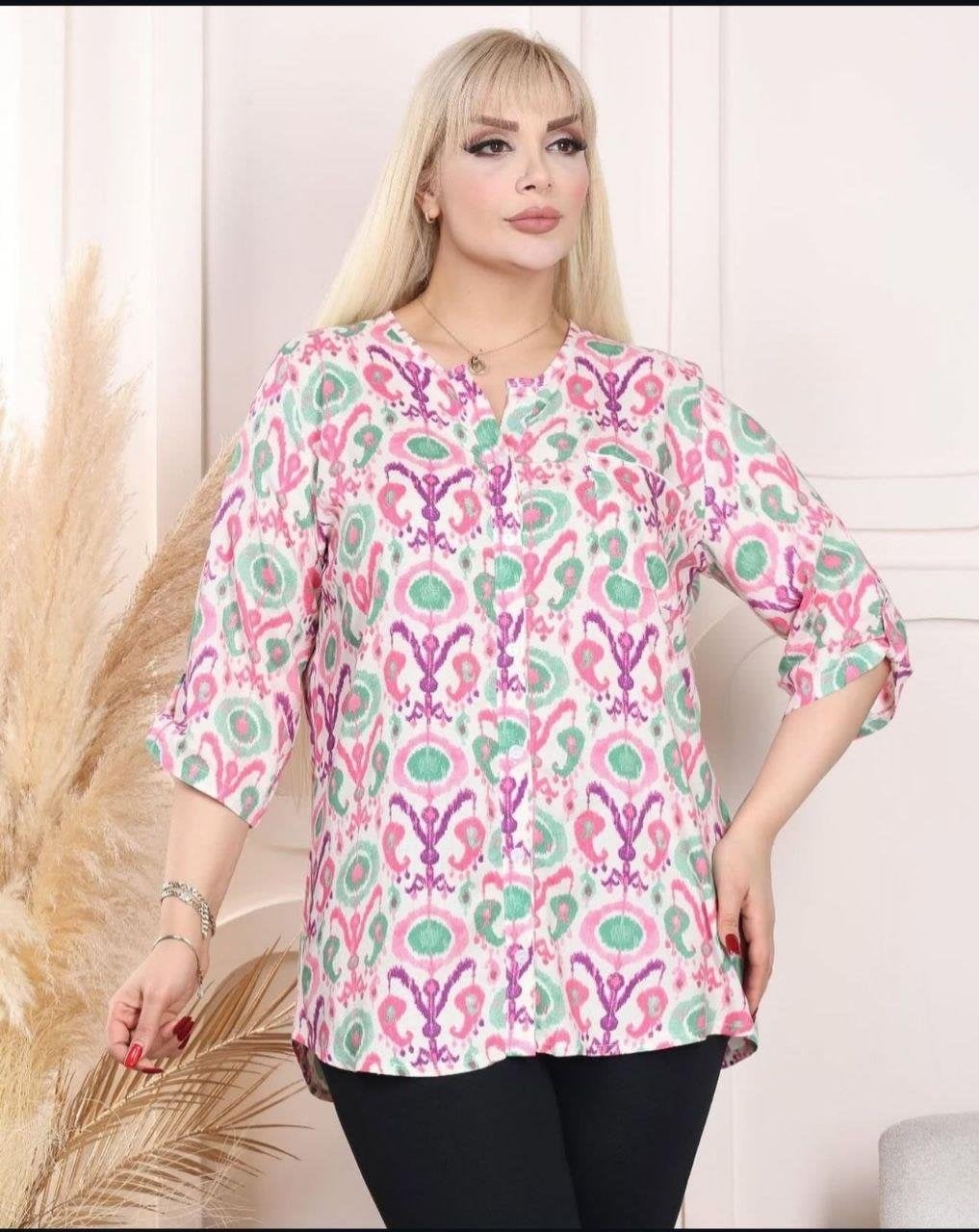 Pembe renk desenli gömlek bluz 