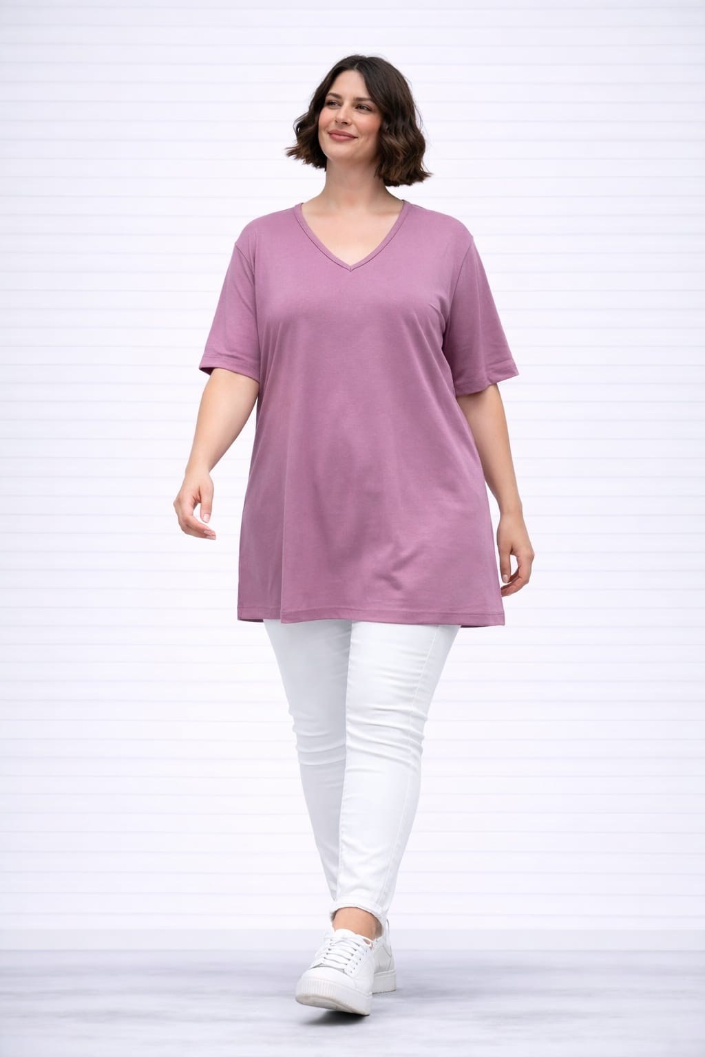 Pembe v yaka tişört 