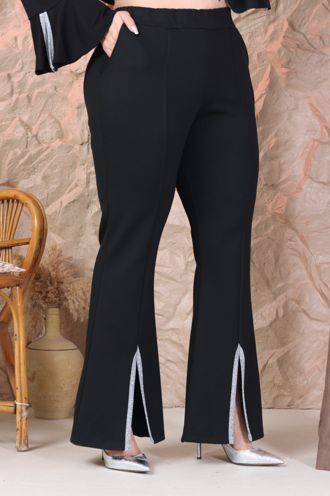 Sim detaylı yırtmaçlı çelik kumaş pantolon 