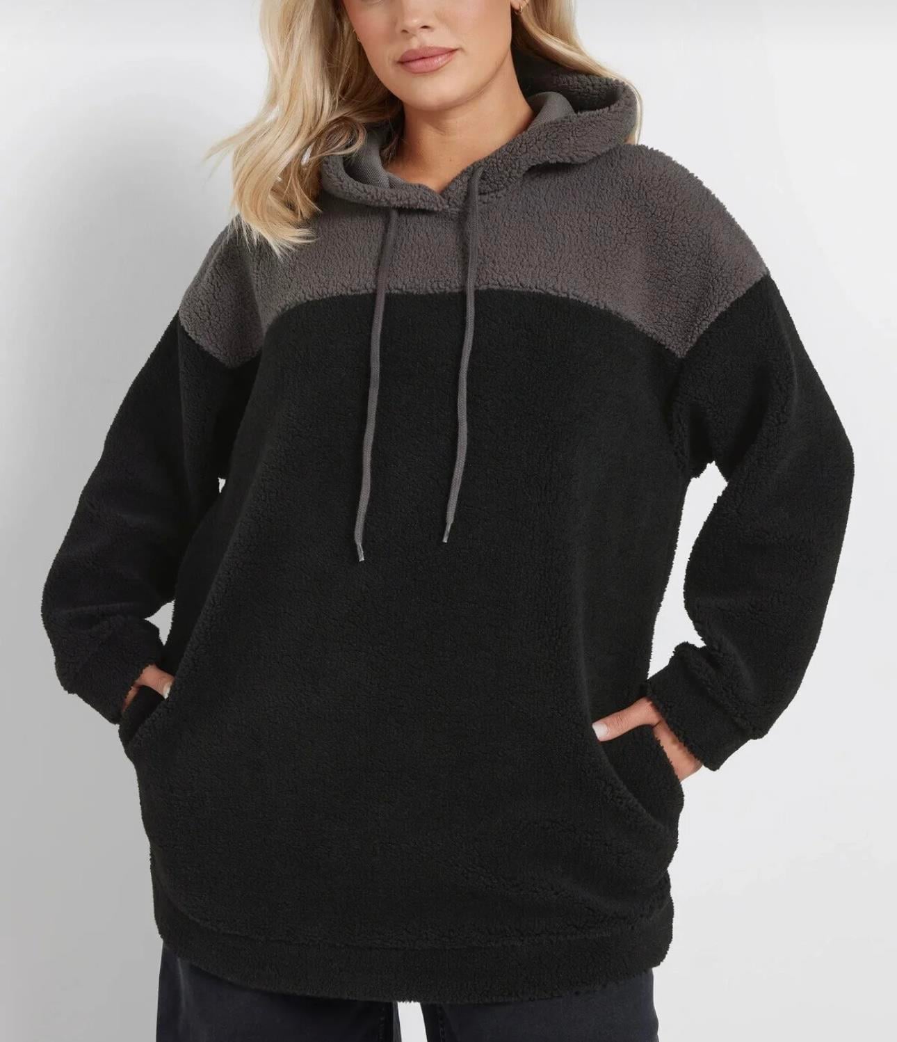 Siyah gri renkli peluş kalın sweatshirt 