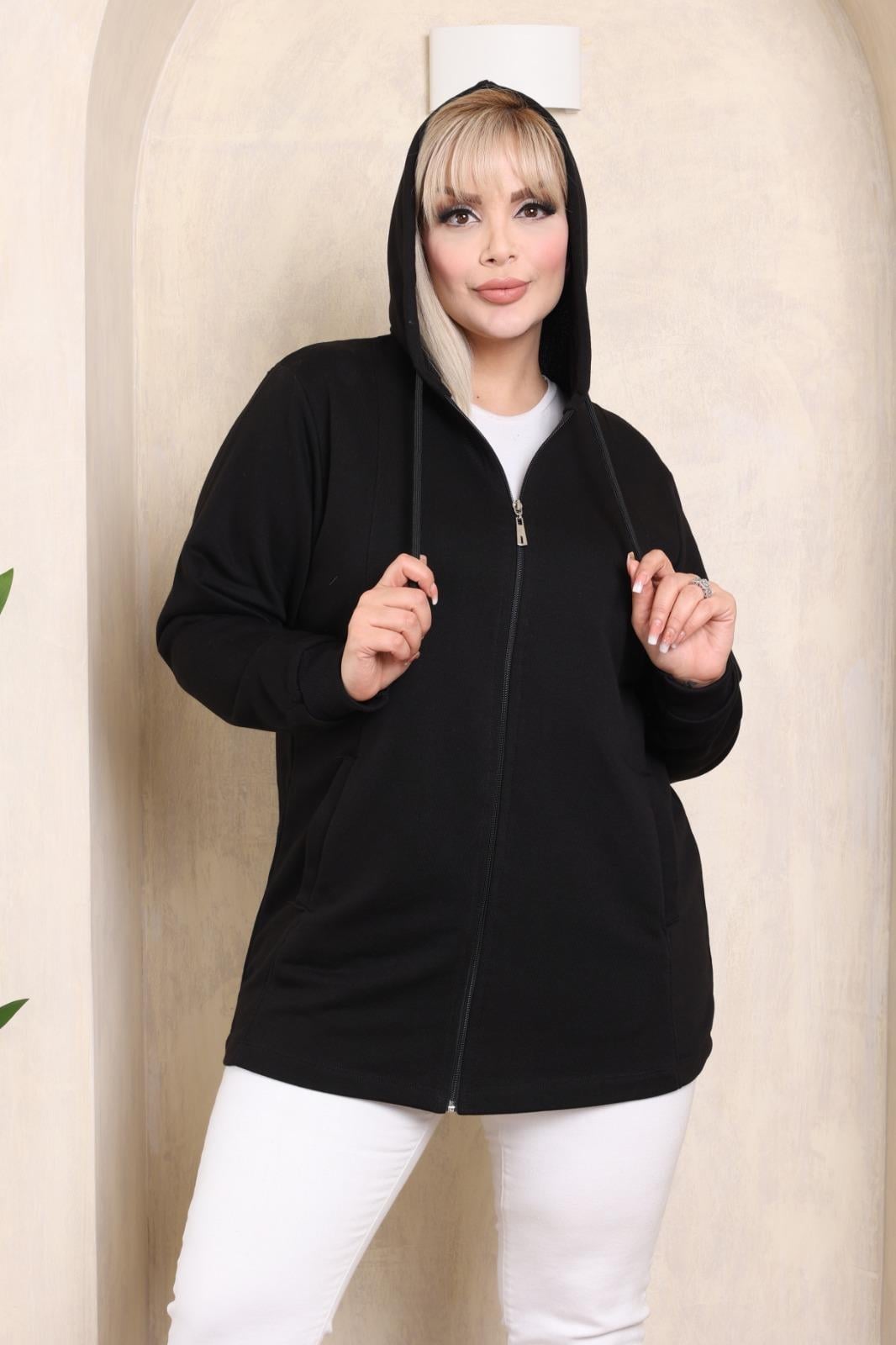 Siyah kapşonlu hırka sweat 
