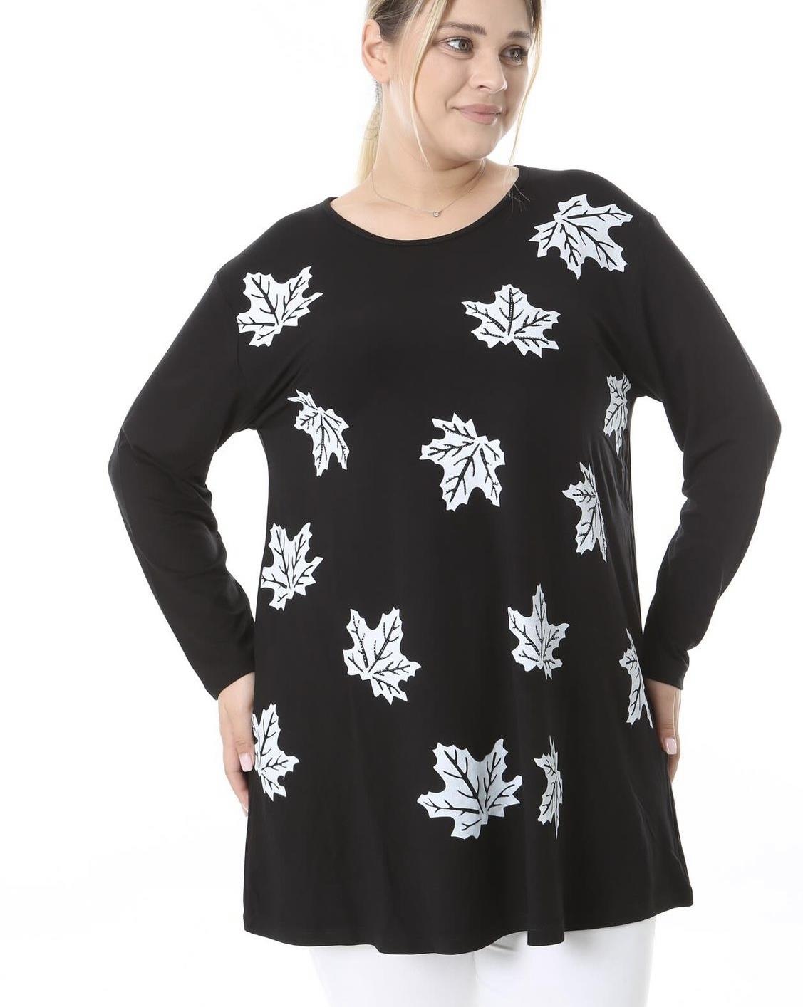 Yaprak desenli uzun kollu penye bluz 