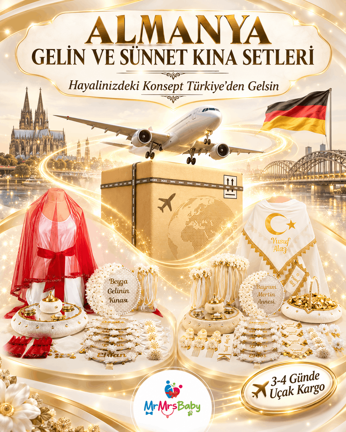 Almanya’ya gönderime uygun gelin ve sünnet kına setleri, uçak kargo kutusu, Almanya bayrağı ve ışıltılı beyaz gold konseptli MrMrsBaby