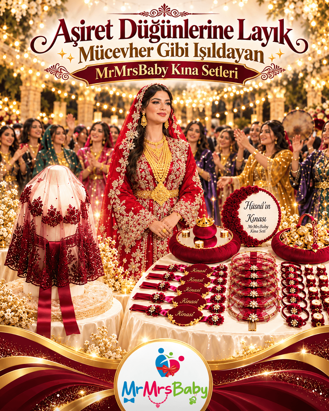 Aşiret düğününde bordo gold kaftanlı gelin, kalabalık ve görkemli kına gecesi, işlemeli bordo duvak, MrMrsBaby incili simli bordo gold kına seti, gösterişli kına tepsisi, gelin tefi ve ışıltılı nedime aksesuarları.