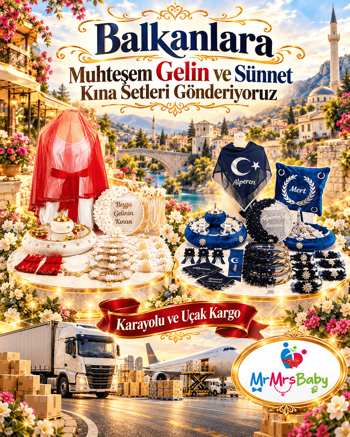 Balkan ülkelerine MrMrsBaby kişiye özel gelin ve sünnet kına setleri gönderimi; krem gold gelin kına seti, lacivert gümüş sünnet kına seti, MrMrsBaby kolileri, karayolu tır ve uçak kargo seçenekleriyle ışıltılı tasarım.