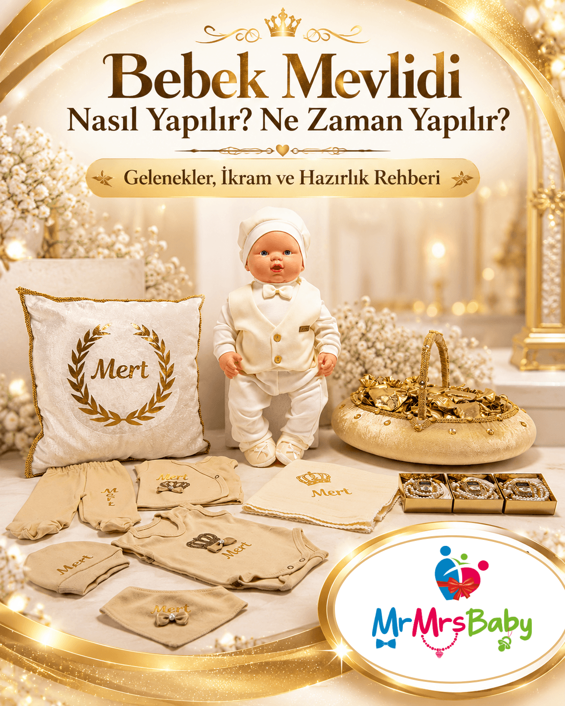 Bebek mevlidi nasıl yapılır ve ne zaman yapılır? Krem gold bebek mevlüt seti, isimli ürünler, ikram ve hazırlık rehberi
