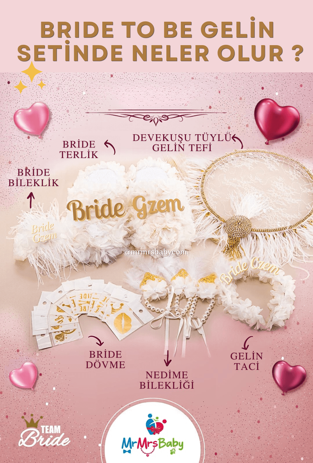 Beyaz Bride To Be bekârlığa veda partisi gelin seti; isimli Bride terlik, devekuşu tüylü gelin tefi, Bride bileklik, nedime bileklikleri, gelin tacı ve Bride dövme aksesuarları – MrMrsBaby.