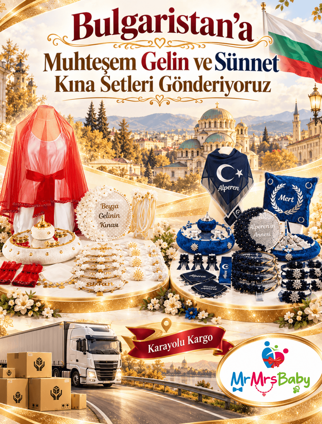 Alt etiket: Bulgaristan’a gelin ve sünnet kına setleri gönderiyoruz görseli, solda beyaz gold gelin kına seti, sağda lacivert gümüş sünnet kına seti, altta karayolu kargo kamyonu