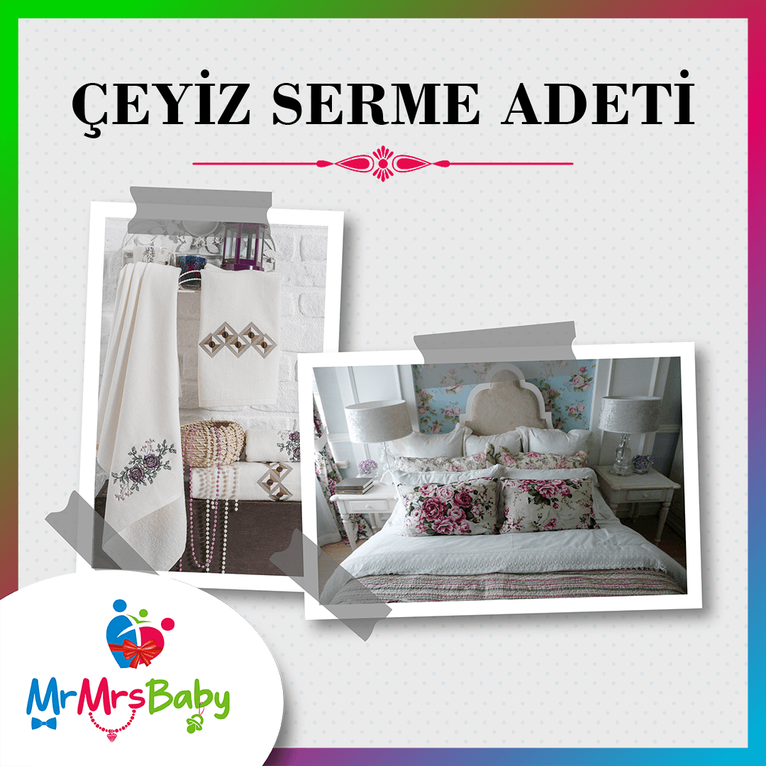 Düzenli biçimde katlanmış havlular, nevresimler ve işlemeli ev tekstilleriyle hazırlanan çeyiz serme alanı.