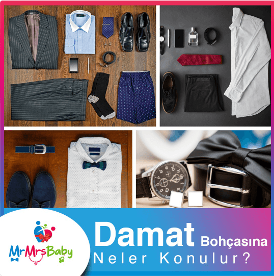 Damat bohçası için hazırlanmış gömlek, kravat, pijama, kemer, saat ve kişisel bakım ürünlerinden oluşan söz ve nişan hediyeleri.