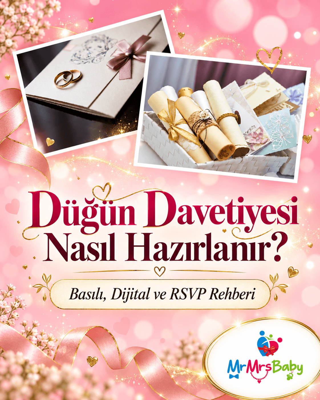 Açık renkli düğün davetiyesi modelleri, altın renkli yüzükler, zarif kurdeleler ve rulo davetiyelerle düğün davetiyesi hazırlama rehberi.