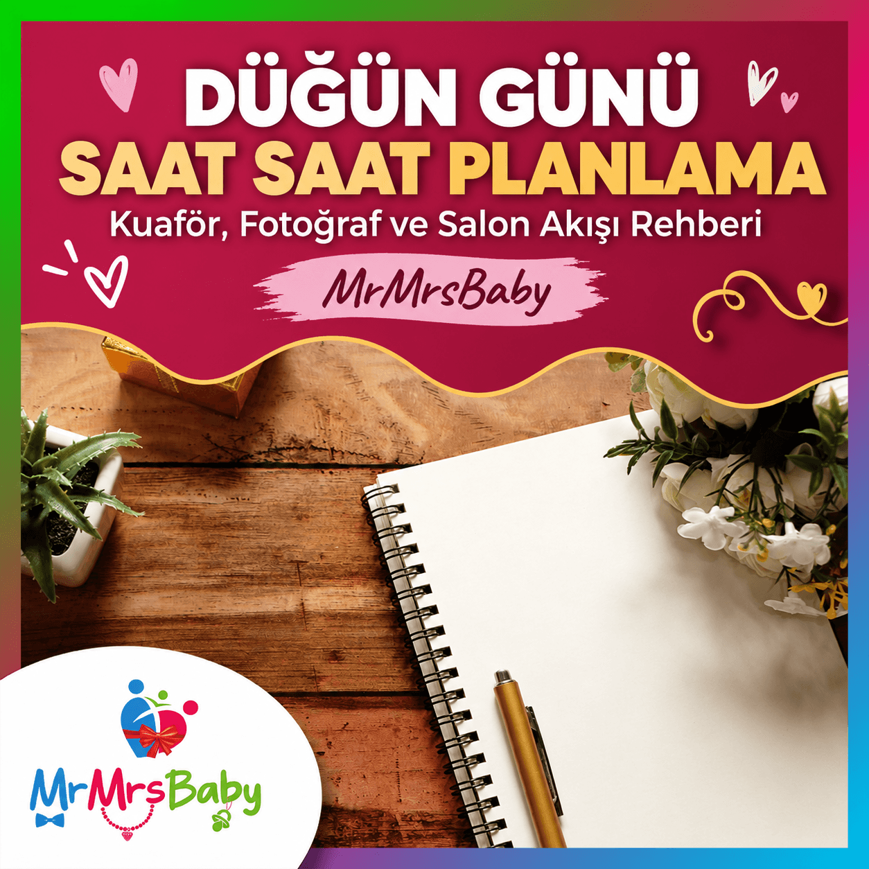 Düğün günü saat saat planlama rehberi için ahşap masa üzerinde spiralli düğün ajandası, kalem ve çiçekler.