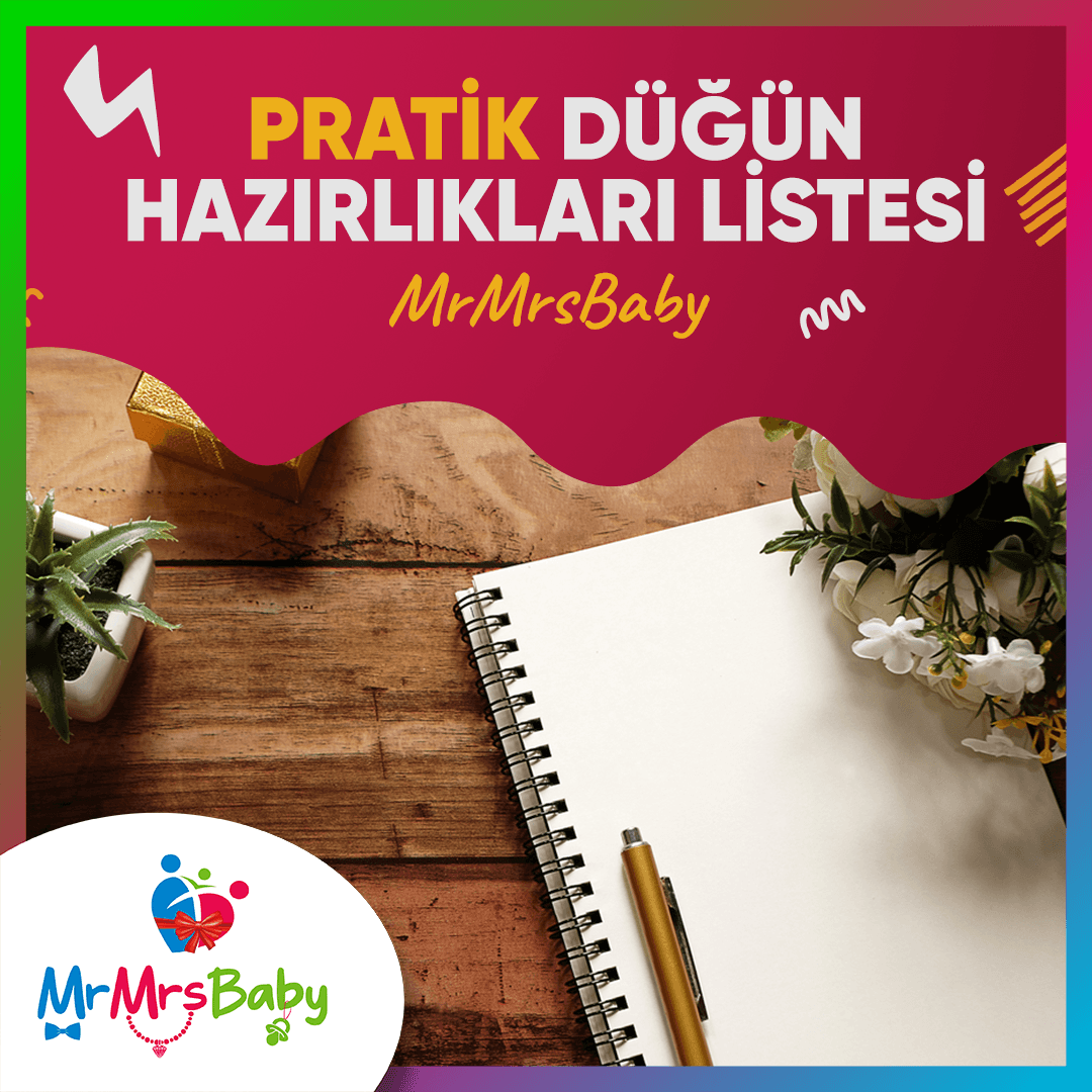 Düğün hazırlıkları takvimi için planlayıcı defter, kontrol listesi ve kalemlerin bulunduğu masa düzeni.