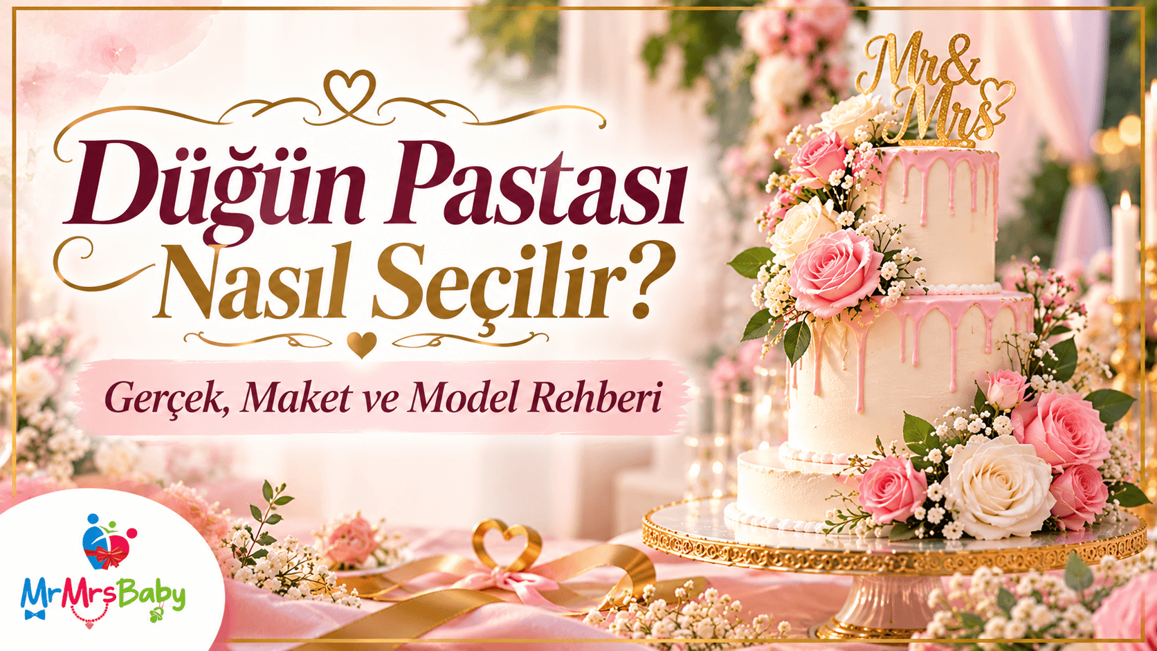 Üç katlı, pembe akıtma süslemeli beyaz düğün pastası; pembe ve krem güller, gold Mr & Mrs figürü, altın renkli pasta standı ve zarif düğün dekorasyonu. Düğün Pastası Nasıl Seçilir? Blog kapağı – MrMrsBaby
