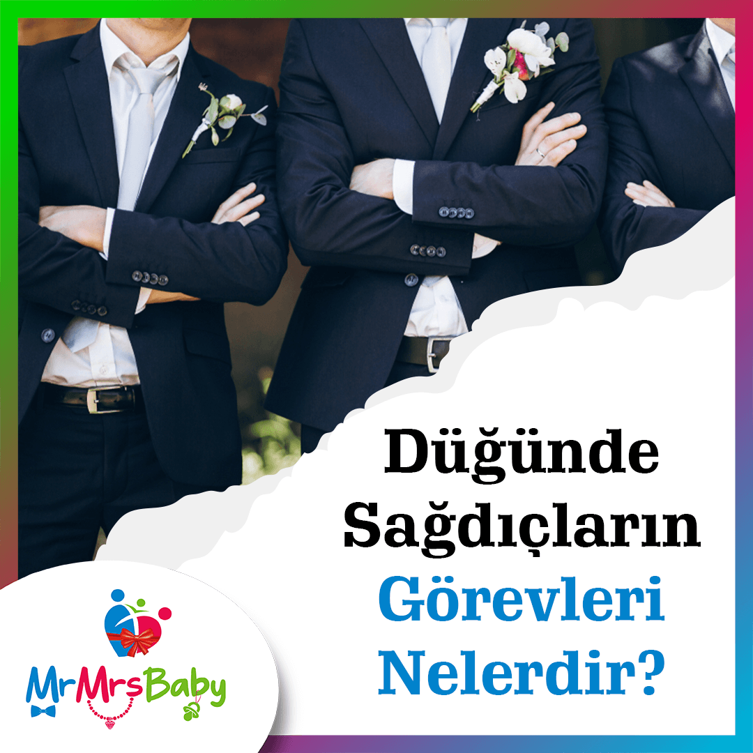 Düğünde sağdıç ne yapar rehberi için koyu renk takım elbiseli, beyaz yaka çiçekli üç sağdıç ve düğün günü görev dağılımı