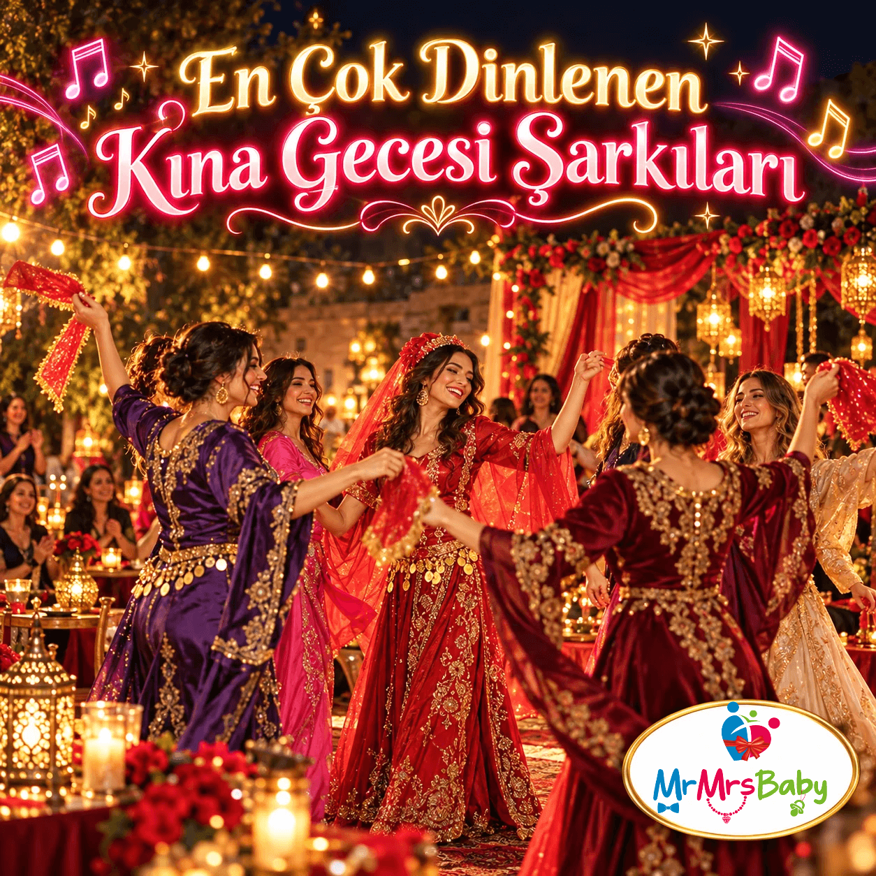 En çok dinlenen kına gecesi şarkıları ve hareketli oyun havaları. Kırmızı, bordo ve mor gold işlemeli kaftanlarla dans eden gelin ve nedimeler, rengârenk neon müzik notaları, ışıltılı fenerler ve geleneksel kına gecesi eğlencesi.