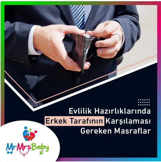 Takım elbiseli damadın cüzdan tuttuğu, erkek tarafının söz, nişan, kına ve düğün masraflarını anlatan MrMrsBaby görsel