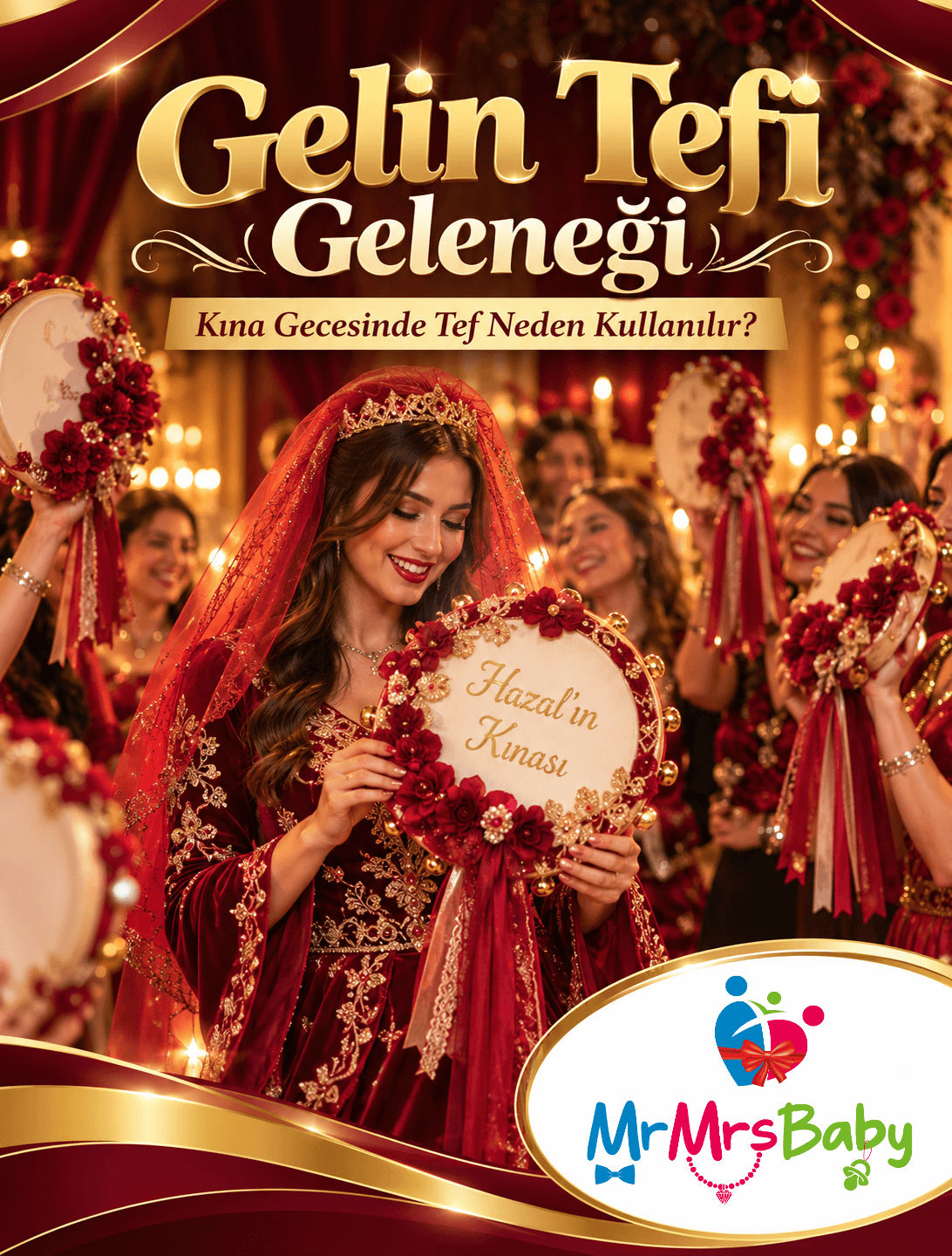Gelin tefi geleneği; bordo duvaklı gelin, kına gecesinde isimli gelin tefi, nedimeler ve bordo gold kına konsepti görseli mrmrbaby