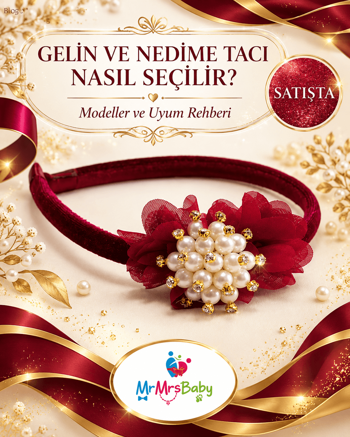 Gelin ve nedime tacı nasıl seçilir? Bordo kadife üzerine bordo çiçekler, inci ve gold taşlarla süslenmiş MrMrsBaby nedime tacı; prenses tacı tarihi, modeller ve kına gecesi uyum rehberi.