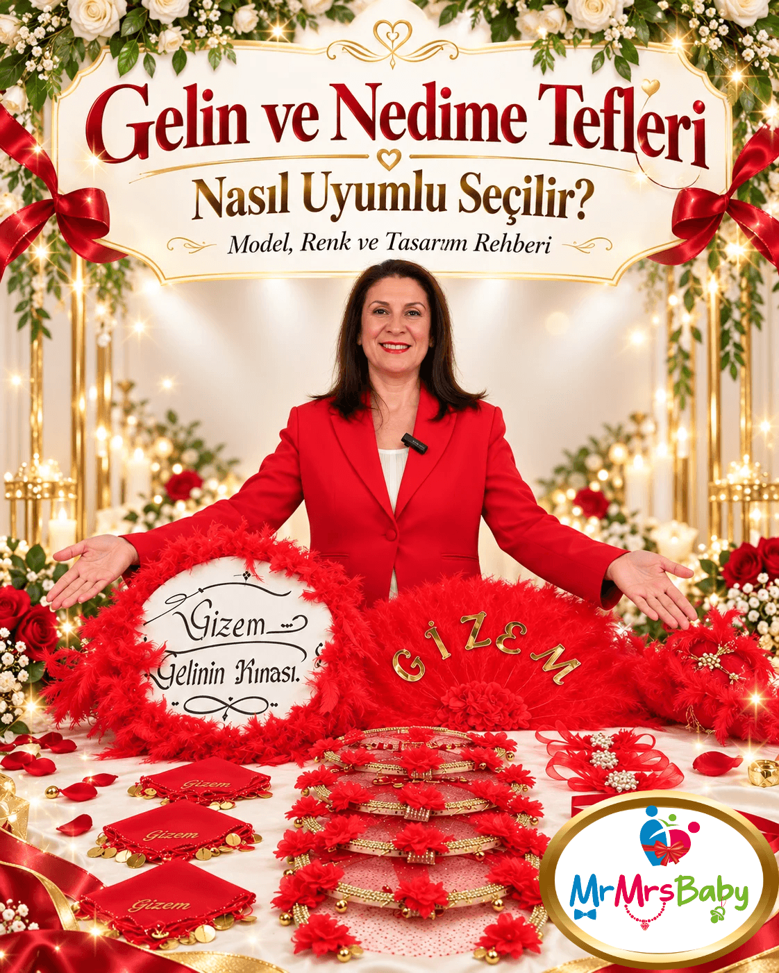 Gelin ve nedime tefleri nasıl uyumlu seçilir? Kırmızı gold tüylü, çiçekli ve kişiye özel isimli gelin tefi, nedime tefleri, kına tepsisi ve incili aksesuarlarla model, renk ve tasarım uyumu rehberi – MrMrsBaby.