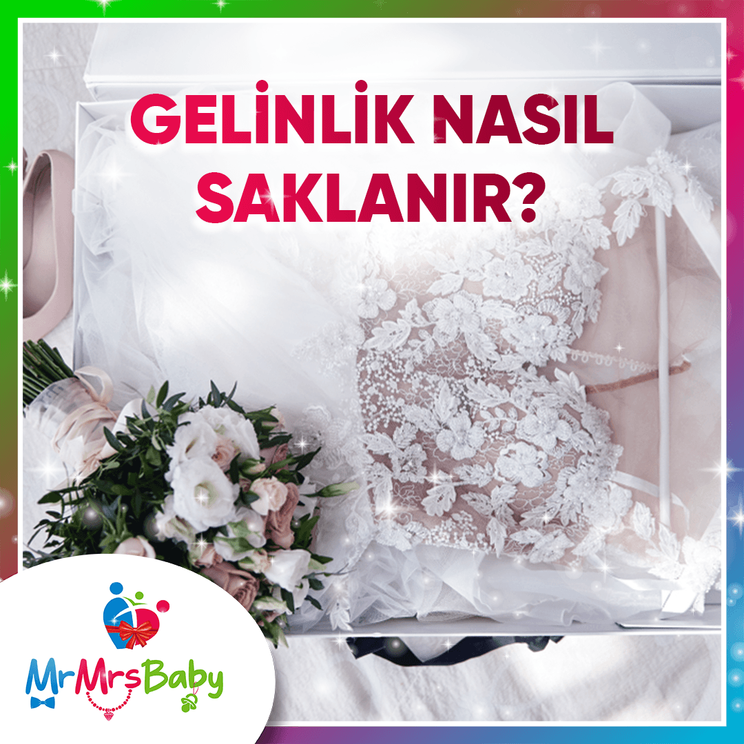 Gelinlik nasıl saklanır rehberi için açık renkli kutu içinde dantel işlemeli beyaz gelinlik, tül kumaş ve gelin buketi