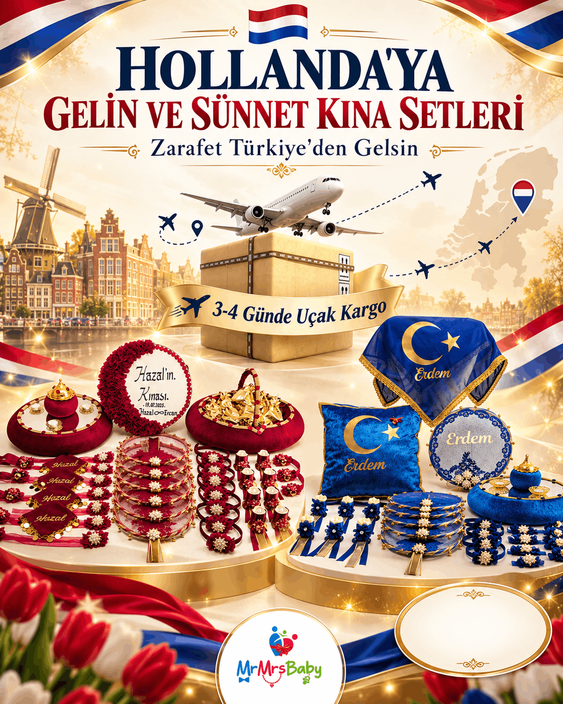 Hollanda gelin ve sünnet kına setleri, kişiye özel bordo gold gelin kınası ve mavi gold sünnet aksesuarları, Hollanda bayrağı, yel değirmeni, uçak kargo ve MrMrsBaby ışıltılı tasarımları.