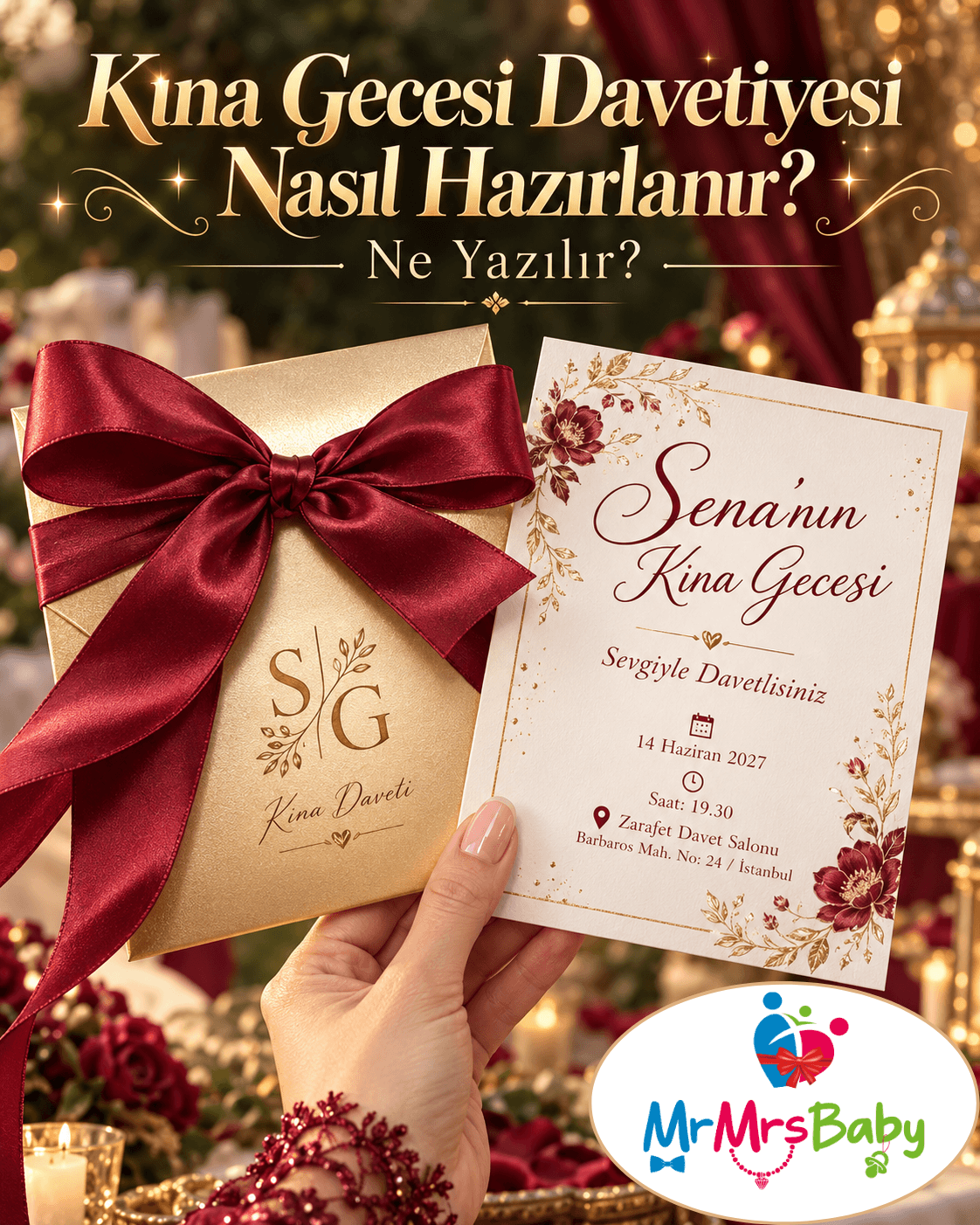 Kına gecesi davetiyesi nasıl hazırlanır, kına davetiyesi sözleri, bordo fiyonklu gold zarf, zarif davetiye örnekleri, WhatsApp dijital kına davetiyesi, kişiye özel kına gecesi tasarımı, MrMrsBaby