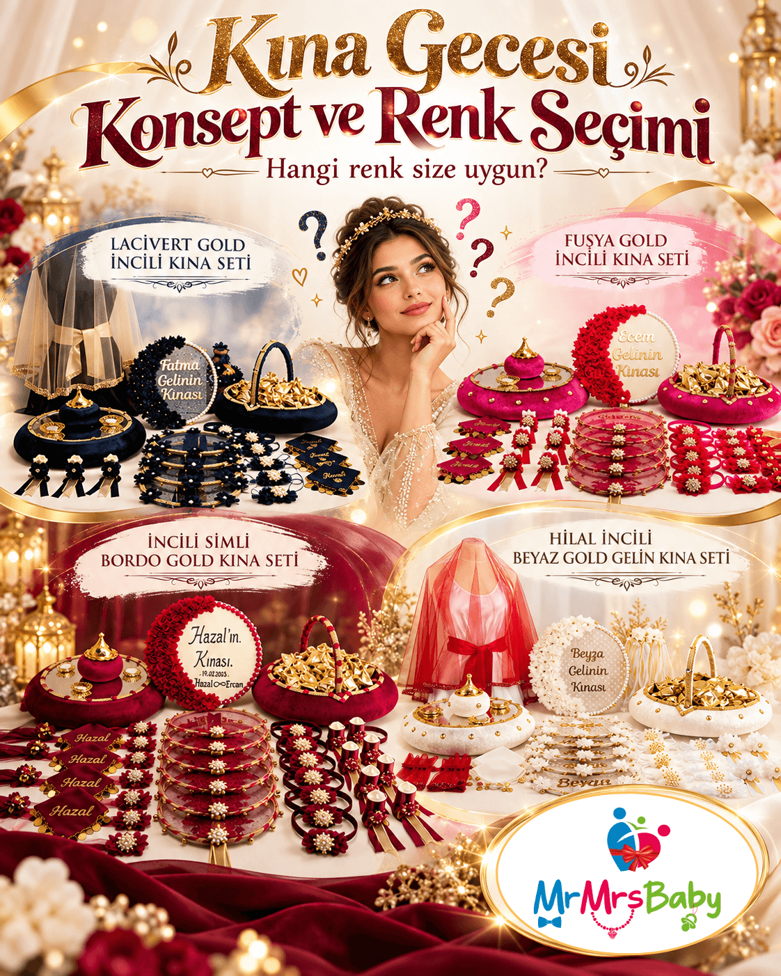 Kına gecesi konsept ve renk seçimi; lacivert gold, fuşya gold, bordo gold ve beyaz gold gelin kına setleriyle farklı kına gecesi renk fikirleri mrmrsbaby