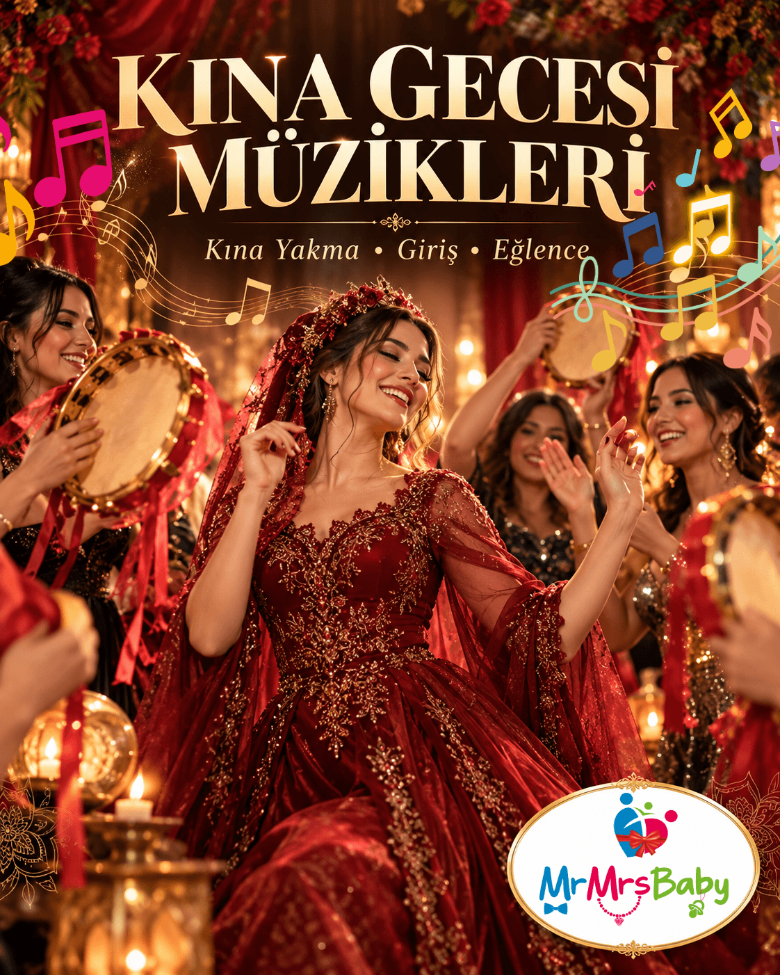 Kına gecesi müzikleri; gelin giriş şarkıları, kına yakma türküleri, eğlenceli oyun havaları, bordo gold kına konsepti ve teflerle kutlama yapan gelin ve nedimeler mrmrsbaby