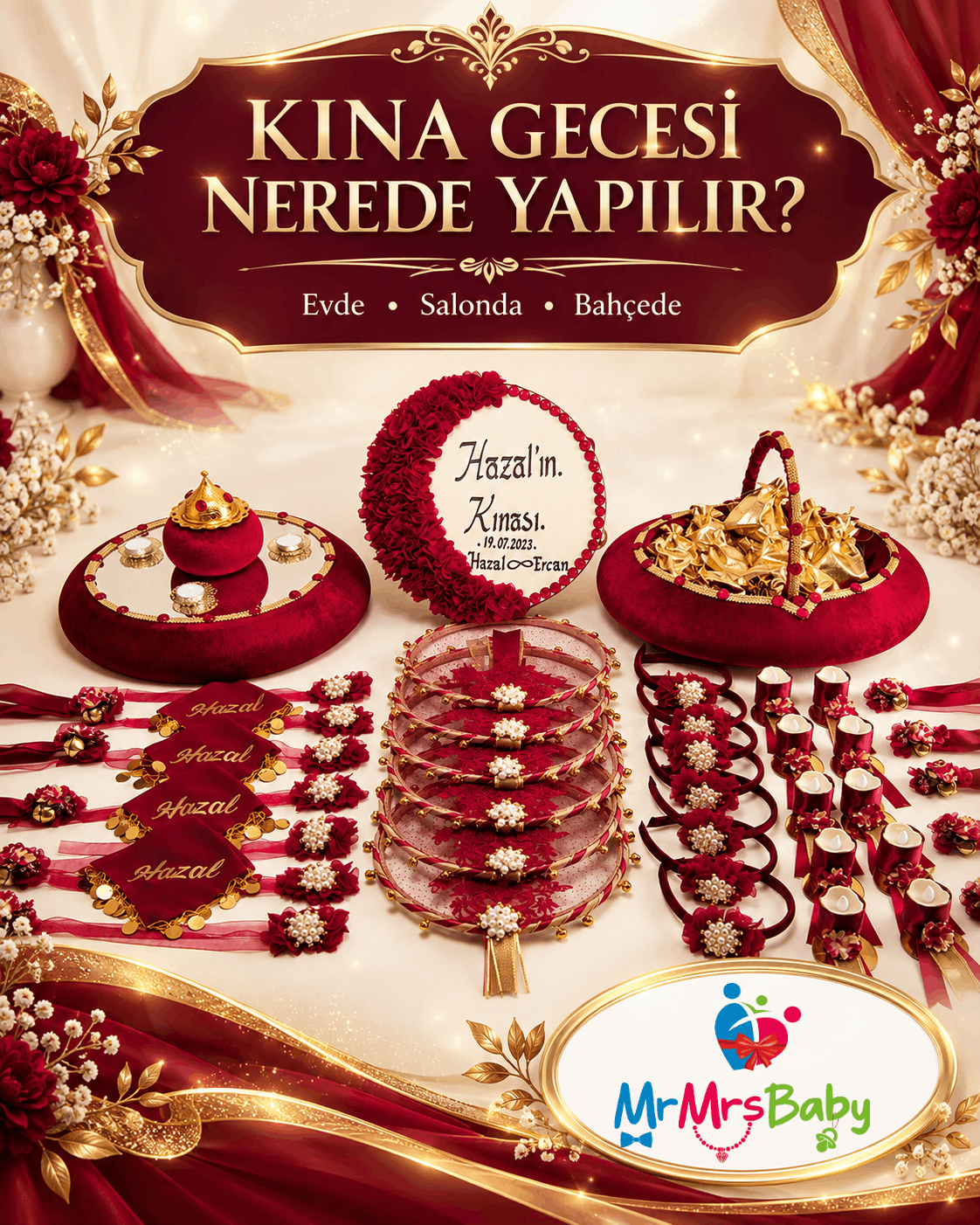 Kına gecesi nerede yapılır, evde kına gecesi, kına salonu ve bahçe organizasyonu, MrMrsBaby incili simli bordo gold kişiye özel gelin kına seti, gelin tefi, kına tepsisi, sepet ve nedime aksesuarları