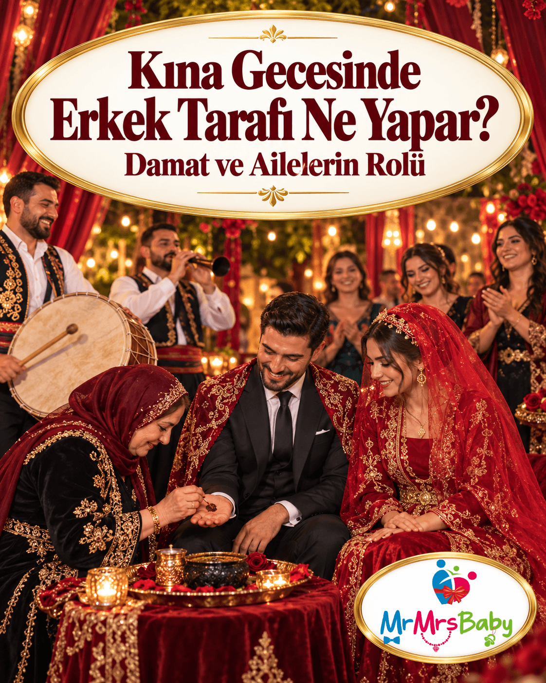 Kına gecesinde damada kına yakılırken gelin, aile yakınları ve davul zurna eşliğinde kutlama mrmrsbaby