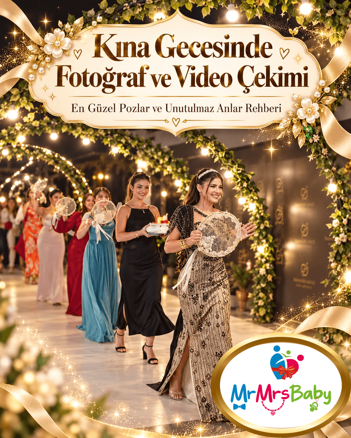 Kına gecesinde ışıklı giriş alanında yürüyen gelin ve nedimeler, gelin tefi ve zarif kına konseptiyle fotoğraf ve video çekimi blog kapağı