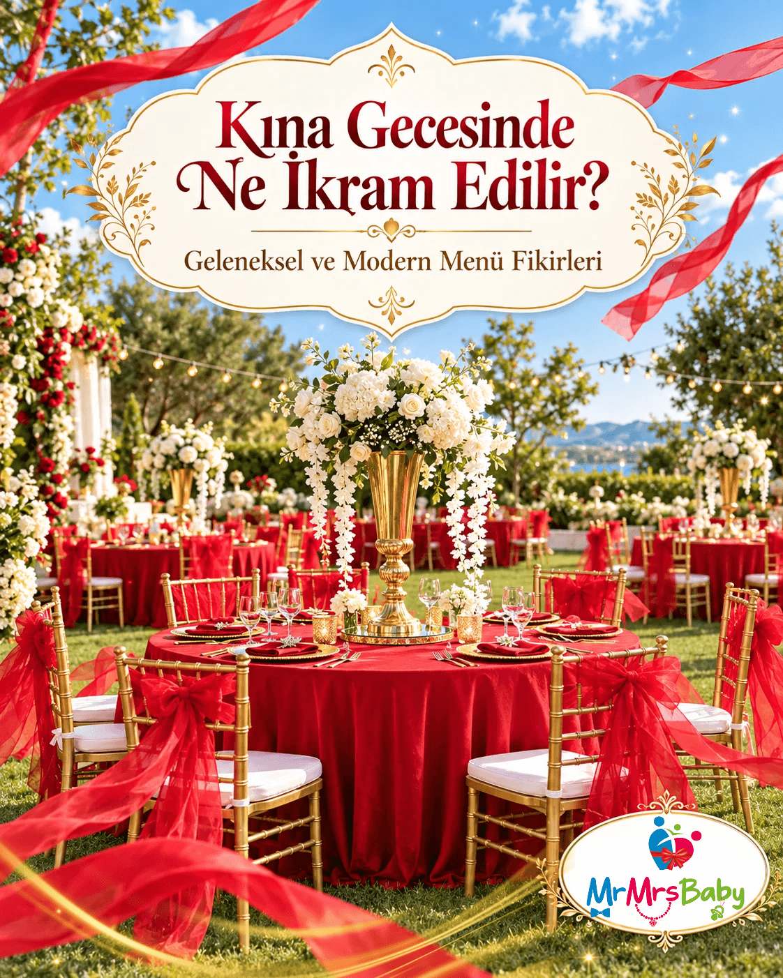 Kına gecesinde ne ikram edilir? Kırmızı kurdeleler, gold sandalyeler, beyaz çiçekler ve ışıltılı süslemelerle hazırlanmış açık hava kına gecesi masaları. Geleneksel kına şerbeti, lokum, kuruyemiş ve modern kına gecesi menü fikirleri. mrmrsbaby