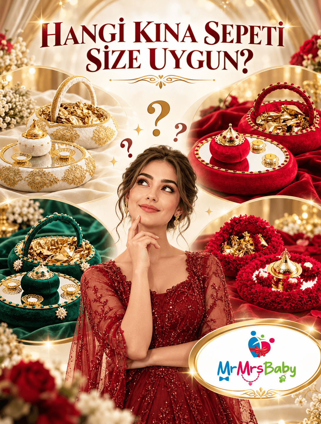 Kına tepsisi ve kına sepeti seçimi; krem gold, kırmızı, zümrüt yeşil ve çiçekli kına sepeti modelleri arasında seçim yapan gelin adayı  mrmrsbaby