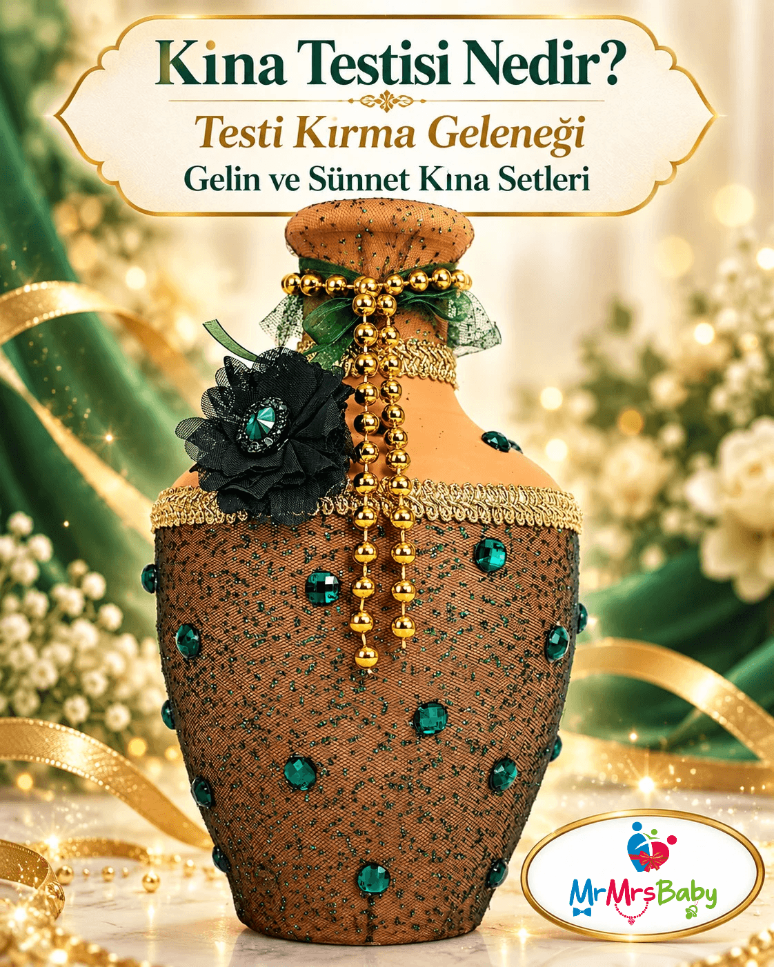 Kına testisi nedir? Zümrüt taşlı yeşil gold süslü kına testisi, testi kırma geleneği, tarihçesi, anlamı ve gelin ile sünnet kına setlerine uyumlu zarif MrMrsBaby kına aksesuarları.