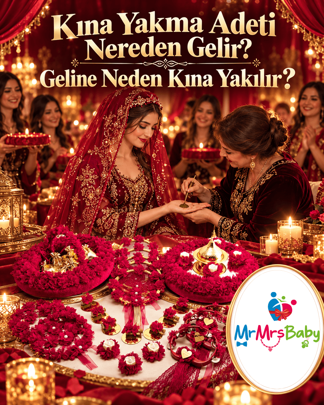 Kına yakma adeti; bordo duvaklı gelin, avuca kına yakma anı, kalabalık kına gecesi ve bordo gold gelin kına seti görseli  mrmrsbaby