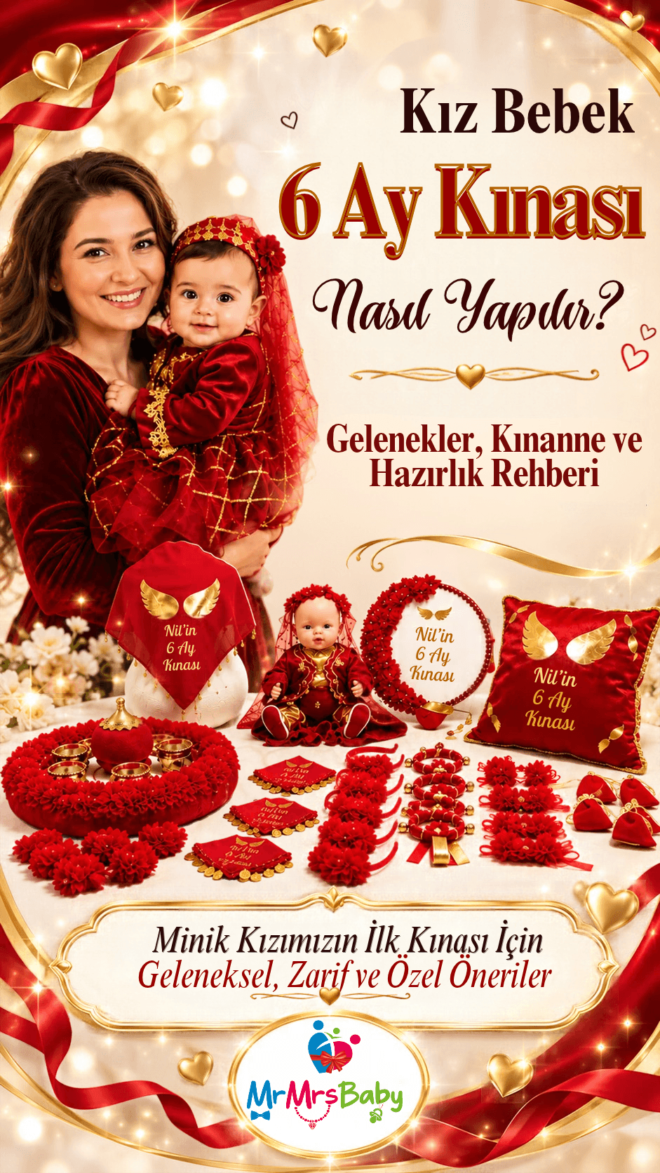 Kız bebek 6 ay kınası nasıl yapılır? Kırmızı gold 6 ay kına seti, bebek bindallısı, anne ve bebek, kına tepsisi, isimli kına yastığı ve aksesuarlarla gelenekler, kınanne ve hazırlık rehberi – MrMrsBaby.
